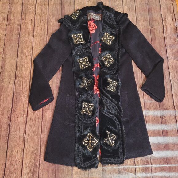 Olivine Gabbro Coat Womens 6 Black Alpaca Embellished Mid Length Rabbit Fur Trim - Picture 1 of 16